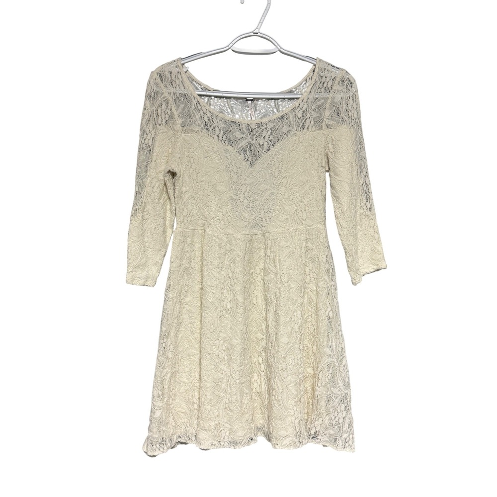 Free People Shake It Up Ivory Floral Lace Mini Dress 3/4 Sleeve  XS‎ Cottagecore